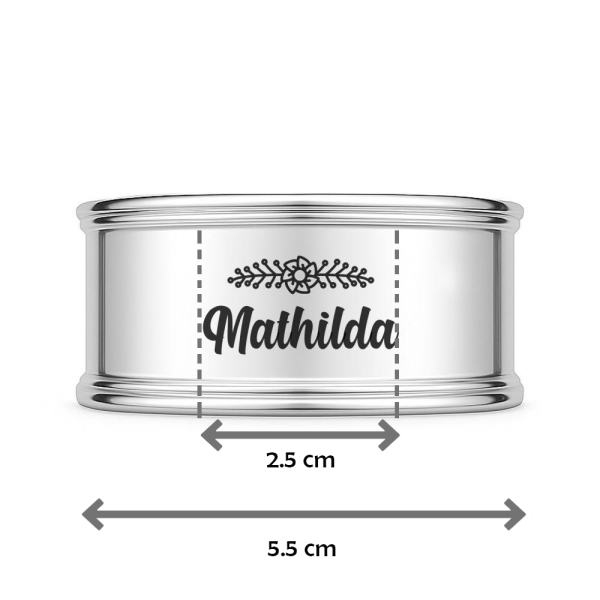 Hopeinen lautasliina rengas nimell&auml; ja motiivilla