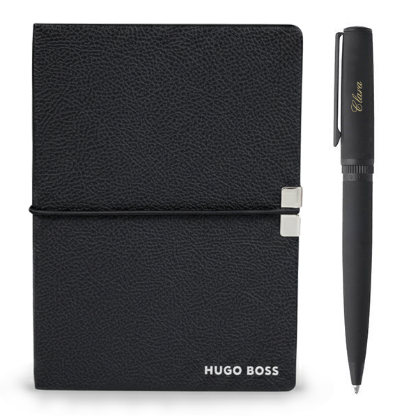 Hugo Boss -lahjapakkaus, jossa muistikirja ja kuulak&auml;rkikyn&auml;